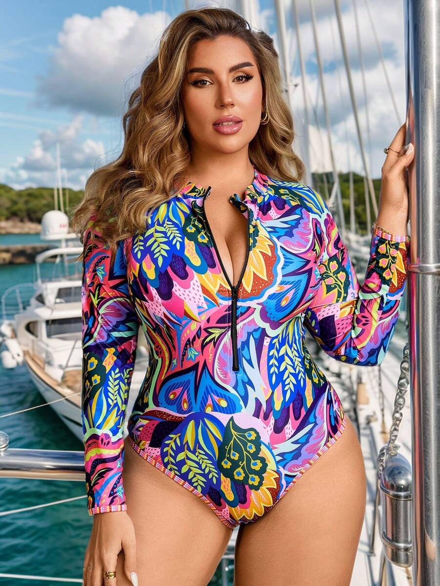 SHEIN Swim Lushore 大码女式植物印花圆领长袖前拉链连体泳衣，适合度假和冲浪、夏季海滩
