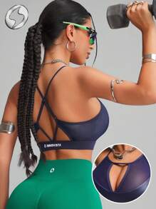 Innovista Navy Blue Strappy Sports Bra For Summer,Athleisure Gym Workout Clothes.Functional Mesh Breathable Cut Out Cross Back Design Adjustable Middle Support - Navy Blue - View 3