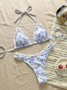 Swim Mod 女士随机花朵印花细肩带荷叶边下摆性感比基尼海滩夏季服装 - 藍白色 - 查看 1