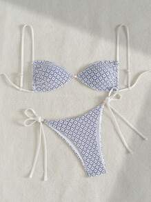 Swim Mod 2pcs/Set Women Summer Beach Vacation Textured Fabric Pearl Metal Decor Spaghetti Strap Top And Drawstring Side Bikini Bottom Bikini Set - Blue and White - View 3