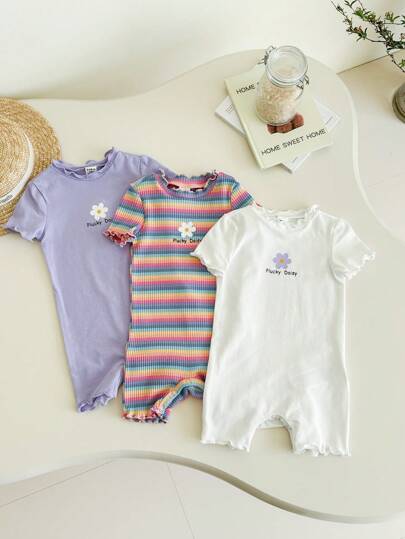 新生児女の子夏用 可愛い ニット カラフルストライプ フローラルロンパース3点セット