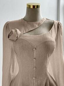 SHEIN Clasi Plus Size Elegant Silk-Like Crinkle Floral Asymmetric Button Down Shirt - Pink - View 3