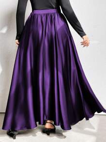 Vionelle 大码优雅纯色喇叭裙，秋季长裙 - 紫色 - 查看 2