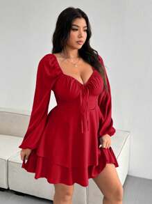 Vionelle Váy đỏ buộc hai lớp thanh lịch màu trơn cỡ lớn viền đỏ - Đỏ - Xem 3