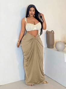 Maweii Plus Size Women V-Shaped Waist Ruched Extra Long Fashionable Skirt - Mocha Brown - View 4