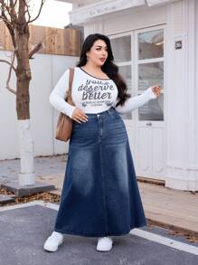 SHEIN EZwear 大码牛仔迷你裙，简约时尚，适合夏季 - 藍色 - 查看 3