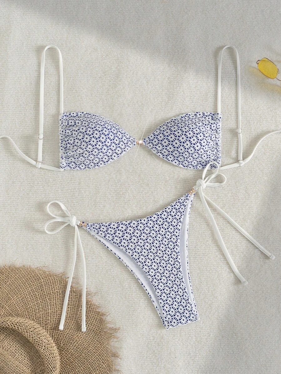 Swim Mod 2pcs/Set Women Summer Beach Vacation Textured Fabric Pearl Metal Decor Spaghetti Strap Top And Drawstring Side Bikini Bottom Bikini Set - Blue and White - View 1