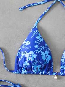 Swim Mod Women Summer Beach Outfit, Random Print Spaghetti Strap Pearl Decor Bikini Set For Vacation