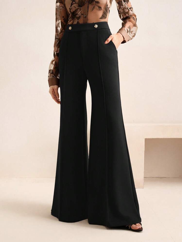 Fashionable Metal Buckle Decor Flare Leg Suit Pants, Business Casual Style For Women, Summer - Black - View 7