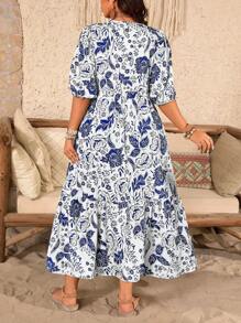 SHEIN Clasi 大码 V 领泡泡袖热带植物印花高腰宽松连衣裙 - 藍色 - 查看 2