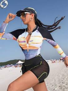 Innovista Women Activewear Zip Up Long Sleeve Hawaiian-Style Printing Athletic Onepieces Swimsuits, Breathable (Mesh Cut Out) & High Elastic / Fit Wetsuit,  ,Sculpting Bodysuit & Bathing Suit, One Piece Gym Dynamic Print Workout Outfits - Black - View 4