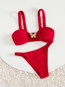 Swim Vcay 2pcs/Set Women Simple Elegant Wide Strap Metal Butterfly Decor Swimwear Top & Wide-Side Pleated Bottoms, Suitable For Holiday Vacation - Red - View 5