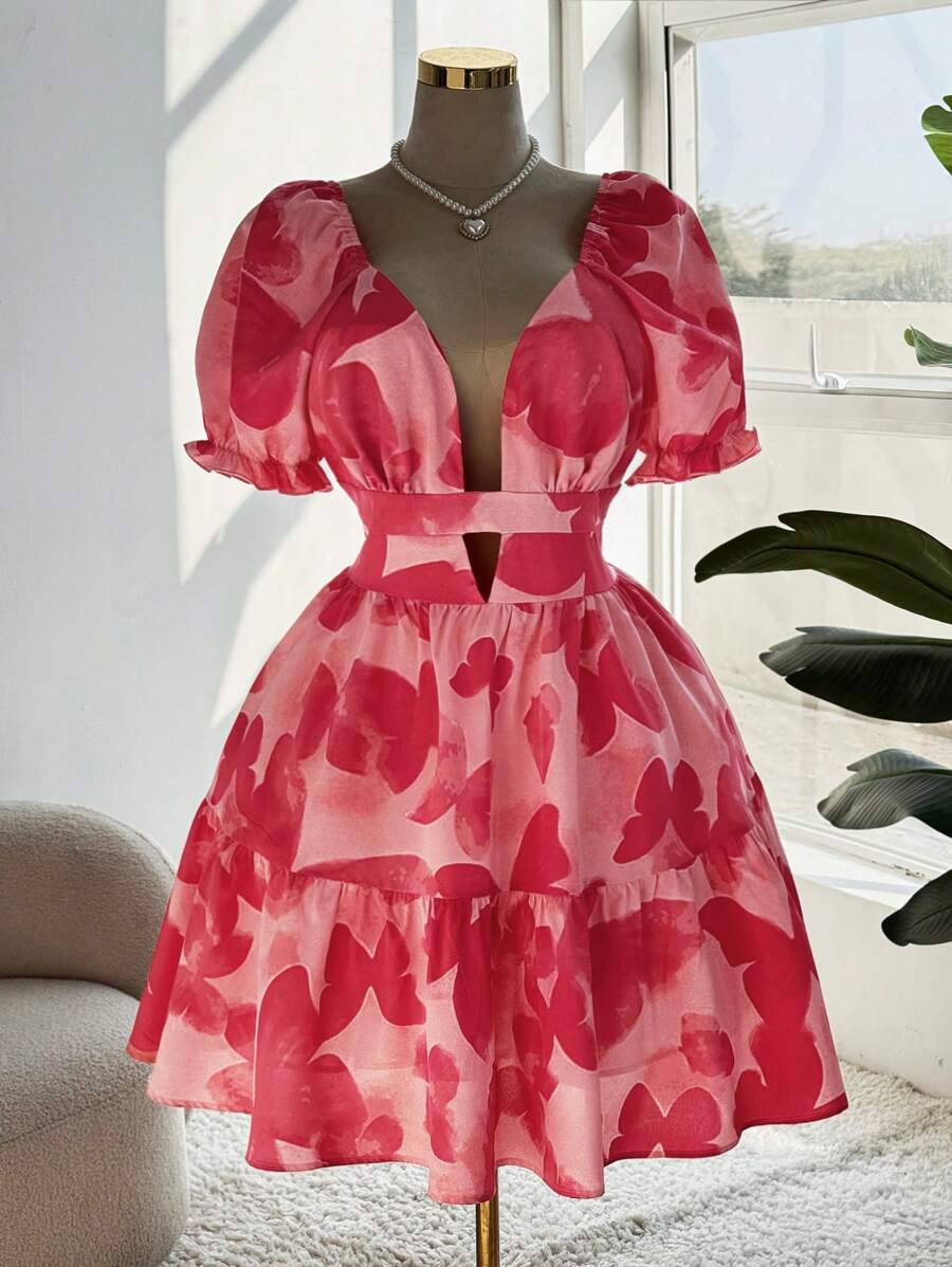 Ceyna Vestido sexy de manga corta abullonada con hombros insertados en V profunda y estampado de mariposas para mujer talla grande