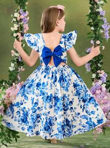 SHEIN Tween Girls 蓝色花朵印花可爱荷叶边露背蝴蝶结节日连衣裙，度假，波西米亚风格，音乐节，复活节，返校，派对午餐，可爱有趣的花园下午茶 - 藍白色 - 查看 2