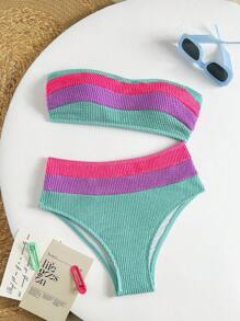 SHEIN Swim 2pcs Bikini Set Minimalistic Sexy Ombre Crop Bandeau Top And High Waist Pieced Triangle Bottom, For Summer Beach Vacation - Multicolor - View 6