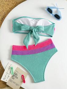 SHEIN Swim 2pcs Bikini Set Minimalistic Sexy Ombre Crop Bandeau Top And High Waist Pieced Triangle Bottom, For Summer Beach Vacation - Multicolor - View 7