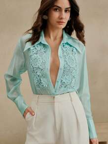 Anewsta Blusa con cuello de encaje y aplicaciones florales para mujer, apropiada para uso casual de negocios, eventos y salidas - verde menta - Ver 6