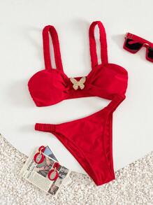 Swim Vcay 2pcs/Set Women Simple Elegant Wide Strap Metal Butterfly Decor Swimwear Top & Wide-Side Pleated Bottoms, Suitable For Holiday Vacation - Red - View 1