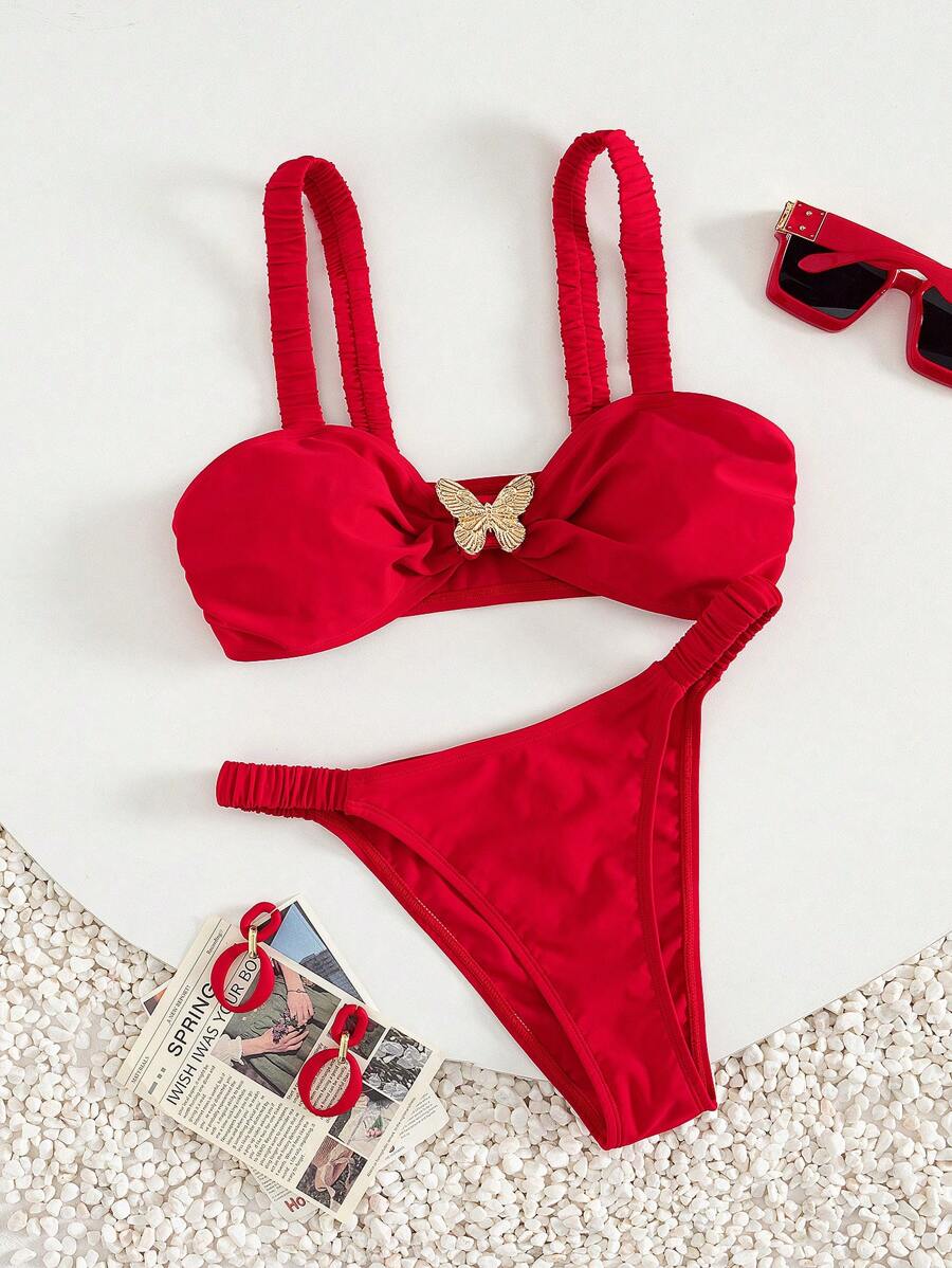 Swim Vcay 2pcs/Set Women Simple Elegant Wide Strap Metal Butterfly Decor Swimwear Top & Wide-Side Pleated Bottoms, Suitable For Holiday Vacation - Red - View 1