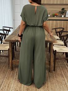 Weeklong Plus Size Women Deep V-Neck Solid Color Batwing Short Sleeve Ruffle Wide Leg Jumpsuit  BASICS - Army Green - View 2