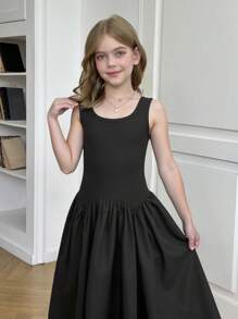 SHEIN Tween Girls' Casual Minimalist Comfort Round Neck Sleeveless Patchwork Dress - Black - View 2