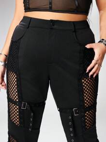 ROMWE Grunge Punk Plus Size Women Skinny Pants With Hollow Out, See-Through Net Fabric, Strappy Design, Suitable For Summer Beach, Graduation, Easter, Concert, Nashville Vacation And Elegant Tropical Music Festivals Like Rock, Punk, Heavy Metal