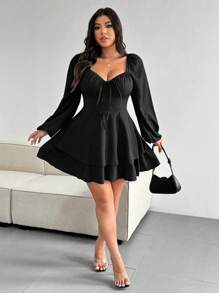 Celure Vestido elegante de talla grande de unicolor con cintura anudada y doble dobladillo