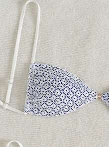 Swim Mod 2pcs/Set Women Summer Beach Vacation Textured Fabric Pearl Metal Decor Spaghetti Strap Top And Drawstring Side Bikini Bottom Bikini Set - Blue and White - View 5