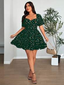 Celure 大码女式碎花心形领短袖休闲连衣裙