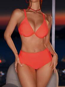 Swim DD+ Women Solid Color Underwire Bikini Set Swimwear Set, DD+, For Summer Beach Vacation