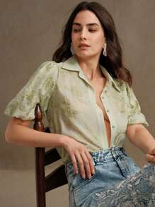 Anewsta 女士拼接花卉刺绣优雅浪漫透明泡泡袖衬衫，春季女装，夏季服装