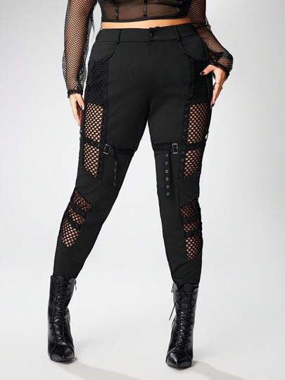 Grunge Punk Plus Size Women Skinny Pants With Hollow Out, See-Through Net Fabric, Strappy Design, Suitable For Summer Beach, Graduation, Easter, Concert, Nashville Vacation And Elegant Tropical Music Festivals Like Rock, Punk, Heavy Metal