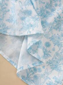 Souflis Souflis Summer Baby Girls Vacation Dress, Puff Sleeve, Short Sleeve, Rabbit & Floral Print, Fresh & Cute Design - Baby Blue - View 3