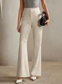 Anewsta Pantalones acampanados elegantes y modernos con decoración de cristales de 3D, adecuados para primavera y verano - Beis - Ver 3