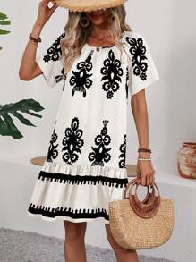 EMERY ROSE Women's Floral Print Casual Dress With Ruffle Hem, Short Sleeve - Multicolor - View 5