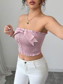 Elenzga Women's Bow Designed Front Summer Top - Pink - View 7