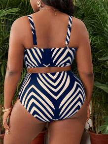 SHEIN Slayr CURVE Plus Size Women Wide Strap V-Neck Bowknot Printed Top Paired With High Waist Pants, Summer Beach Vacation Outfit - Blue - View 2