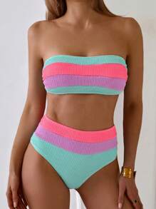 SHEIN Swim 2pcs Bikini Set Minimalistic Sexy Ombre Crop Bandeau Top And High Waist Pieced Triangle Bottom, For Summer Beach Vacation - Multicolor - View 4