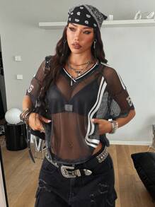 Coolane Tween Girls Spring/Summer Streetwear Athleisure Number Pattern Woven Tape Breathable Mesh V-Neck Jersey Y2k - Black - View 5