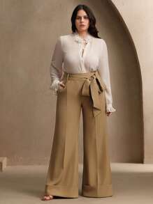 Anewsta Pantaloni casual eleganti da donna taglie forti, con vita larga e decorazione con cintura