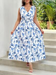 SHEIN Clasi Kurvenreiche Damen Große Größen Romantisch und Elegant Blau und Weiß Blume Muster Ärmellos V-Ausschnitt Langes Kleid, Lässig Urlaub, Sommer Outfits