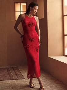 MOTF PREMIUM CROCHET FLORAL OPEN KNIT COVER UP DRESS FOR SUMMER BEACH VACATION - Red - View 1