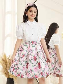 SHEIN Leap Crew 青少年女孩优雅领口荷叶边和水钻装饰衬衫上衣和裙子 2 件套 - 白色 - 查看 3