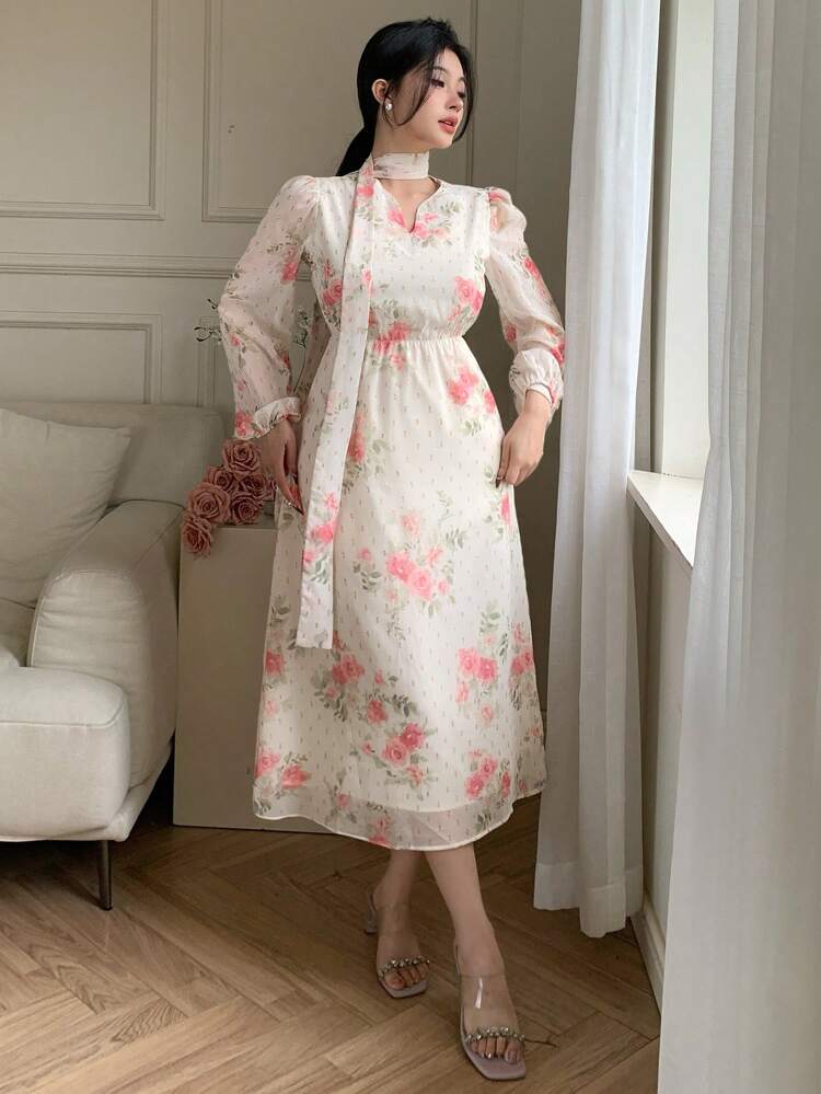V-Neck Full Flower Print Mid-Calf Puff Sleeve Dress For Women Floral,Fall Dress Long Sleeve Dress Maxi Dress