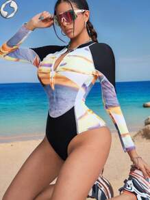 Innovista Women Activewear Zip Up Long Sleeve Hawaiian-Style Printing Athletic Onepieces Swimsuits, Breathable (Mesh Cut Out) & High Elastic / Fit Wetsuit,  ,Sculpting Bodysuit & Bathing Suit, One Piece Gym Dynamic Print Workout Outfits - Black - View 2