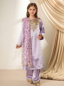 女孩三件套：朴素优雅的浅紫色针织上衣，带花卉装饰，长裤和围巾 - 彩色 - 查看 5