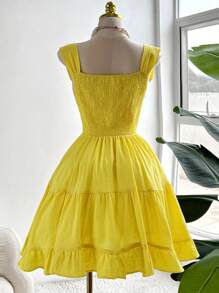 Celure Plus Size Women Solid Color Ruffle Hem Sleeveless Midi Dress - Yellow - View 3