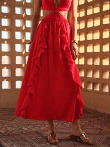 MOTF PREMIUM FLOWY RUFFLE TRIM SKIRT - Red - View 3