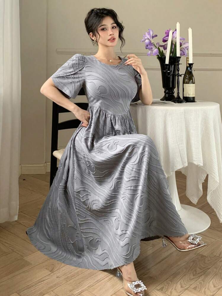 Solid Color Round Neck Puff Sleeve Pleated A-Line Midi Dress For Women