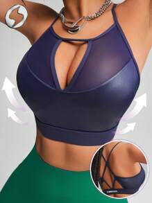 Innovista Navy Blue Strappy Sports Bra For Summer,Athleisure Gym Workout Clothes.Functional Mesh Breathable Cut Out Cross Back Design Adjustable Middle Support - Navy Blue - View 5